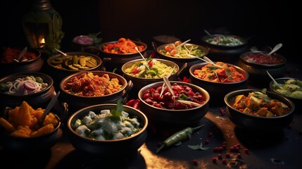 Bowls of indian food on dark table.