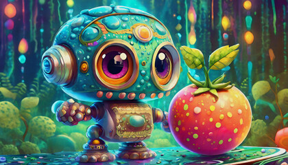 oil painting style CARTOON CHARACTER cute  robot hold a tomato isolated on binary cod background
