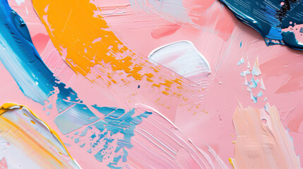 Close-up of dynamic paint strokes with vibrant orange, pink, and blue hues on a canvas, showcasing the beauty of abstract art and creative expression