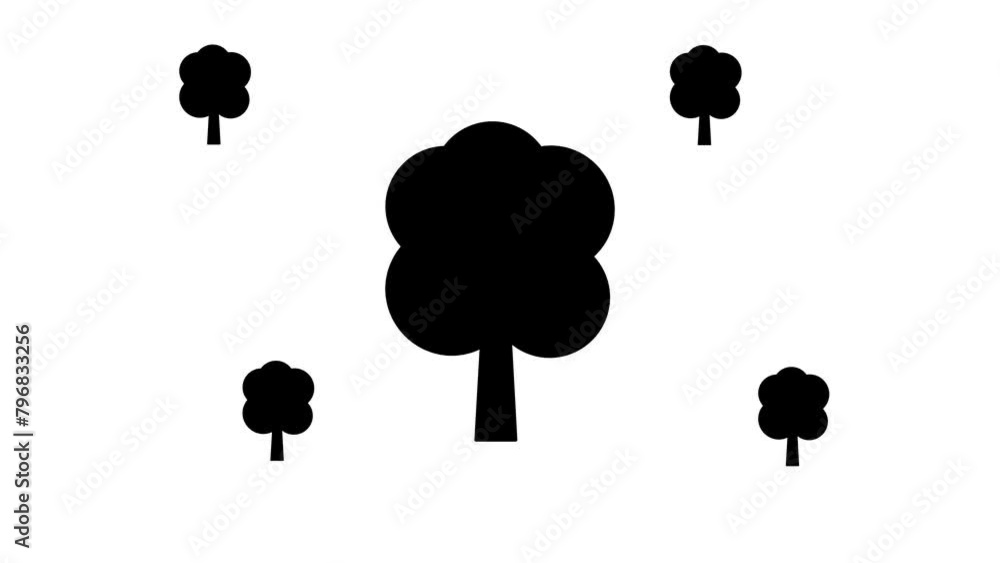 Poster zoom in and out animation the tree symbol. large black symbol in the center and four small symbols a