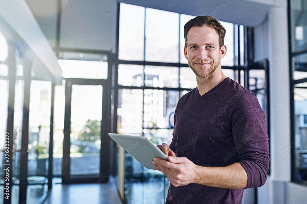 Poster business, portrait and man with tablet in office building for online search, faq or b2b networking c