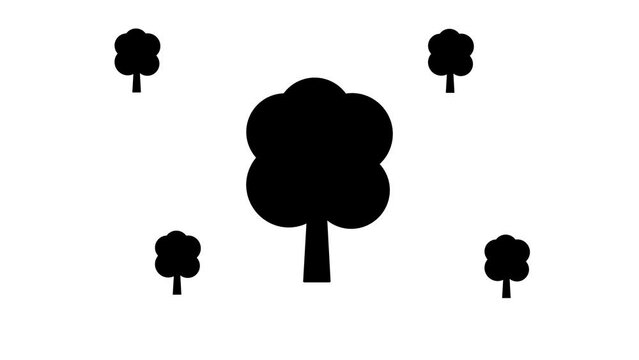 Zoom in and out animation the tree symbol. Large black symbol in the center and four small symbols around. Seamless looped 4k animation on white background