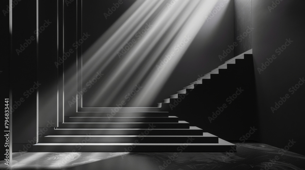 Poster striking pattern created by light beams in high-contrast black and white staircase image