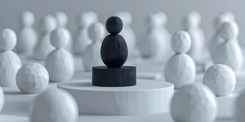 A Singular Black Wooden Doll Standing Out Amidst a Sea of White Dolls on a Podium Illustrating the Impact of a Leader s Individuality