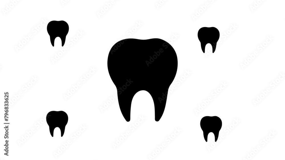 Poster zoom in and out animation the tooth symbol. large black symbol in the center and four small symbols 