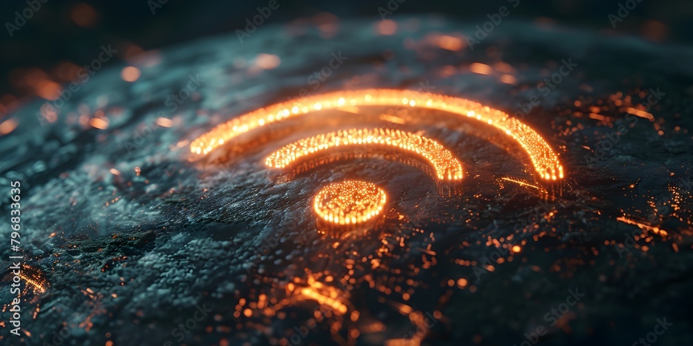 Poster glowing wifi symbol surrounded by digital halo representing secure wireless network and data protect