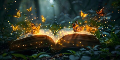 Enchanting Open Book with Glowing Pages and Butterflies in a Magical Garden