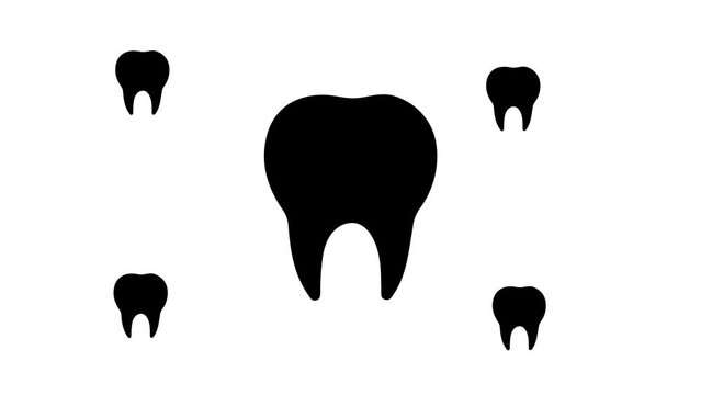 Zoom in and out animation the tooth symbol. Large black symbol in the center and four small symbols around. Seamless looped 4k animation on white background