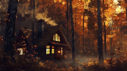 A cozy autumn cabin nestled amidst a grove of towering trees, smoke curling from its chimney and creating a warm, inviting atmosphere.