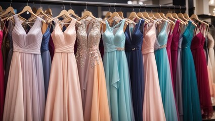 A clothing rack with many colorful evening gowns on it. The dresses are mostly pink, purple, and blue, and are made of different fabrics.