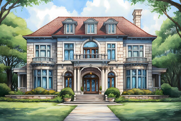 Federal Style House (Cartoon Colored Pencil) - Late 18th and early 19th century in the United States, characterized by a symmetrical design with a central front door and evenly spaced windows