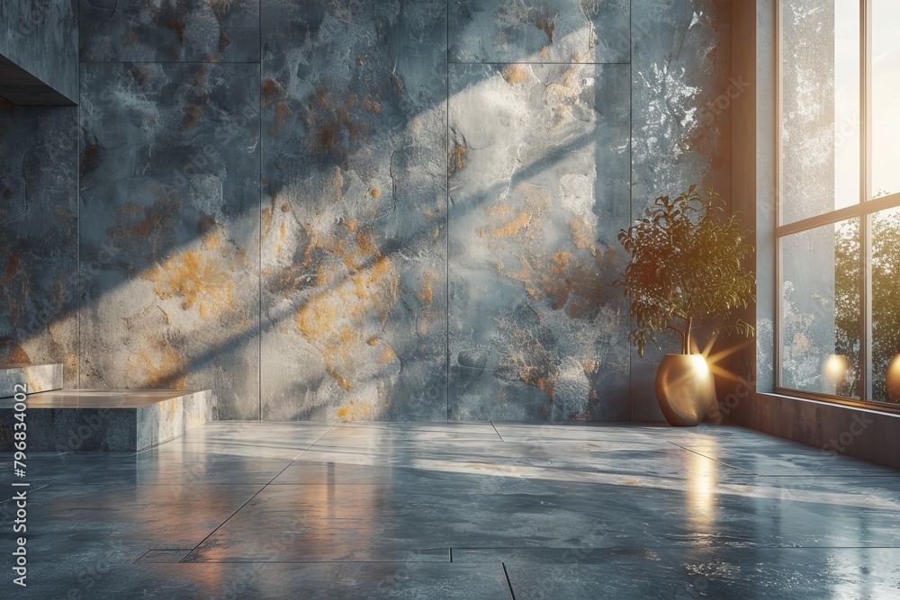 Poster golden sunlight enhances the intricate shadows and rustic textures of a room, creating an ethereal a