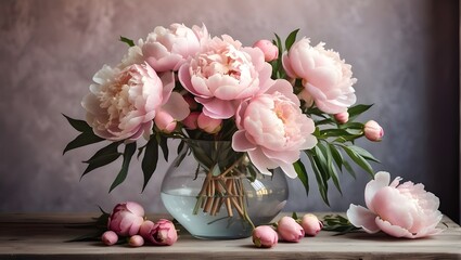 Gorgeous peony bouquet in a contemporary bohemian space. A melancholy image of soft pink peony blossoms in a vase set against a rustic background. Contemporary bohemian design, chic, comfortable inter