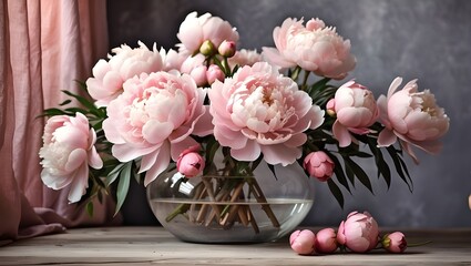 Gorgeous peony bouquet in a contemporary bohemian space. A melancholy image of soft pink peony blossoms in a vase set against a rustic background. Contemporary bohemian design, chic, comfortable inter