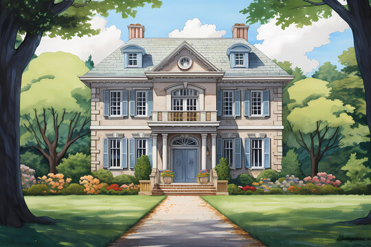 Georgian Style House (Cartoon Colored Pencil) - Originated in England in the 18th century, characterized by symmetrical design, columns, and pediments above the front door and windows