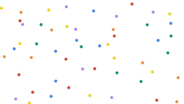 4k colorful little dots on white background. Small animated colour circles yellow, orange, green, purple, blue, red. Cartoon childish design style. Seamless loop simple pattern. Art activity ad banner