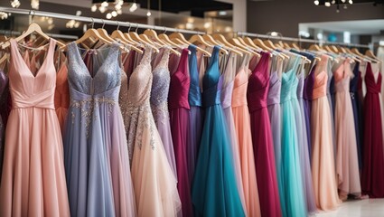 A clothing rack with many colorful evening gowns on it. The dresses are mostly pink, purple, and blue, and are made of different fabrics. - obrazy, fototapety, plakaty