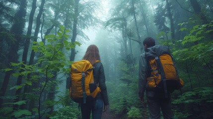 A couple hiking through a dense forest, exploring hidden trails and discovering the wonders of nature on their journey.