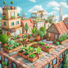 A cartoon rendering of an urban rooftop garden with plants growing in containers and a small house in the background.
