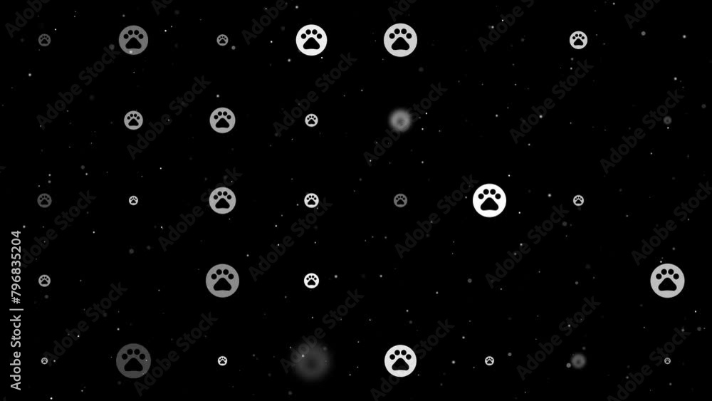 Poster template animation of evenly spaced pet symbols of different sizes and opacity. animation of transpa