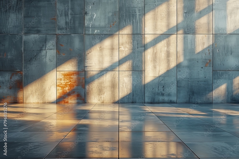 Aufkleber sun rays striking through a window, creating dramatic shadows on a textured concrete wall in a moder