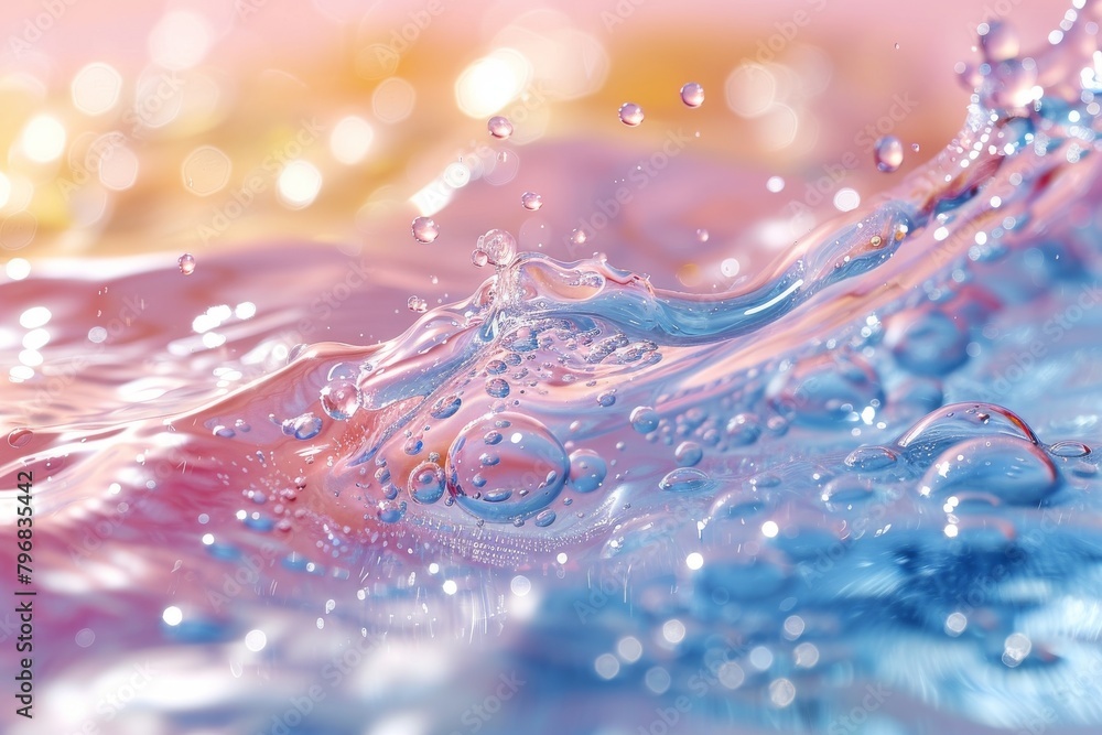 Poster bright sunlight sparkles over a vivid water surface, with bubbles adding a dynamic and lively contra
