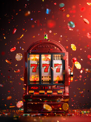 A vibrant slot machine displays a winning combination of sevens, surrounded by a dynamic swirl of coins