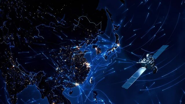 Japan. Highly detailed telecommunication satellite orbiting the Earth. 3D Rendering. Sending Wifi Telecom Signals. South East Asia Map with City Lights