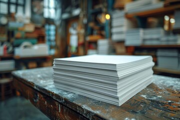 Precise stack of paper in an industrial setting, representing order and the print industry's behind-the-scenes