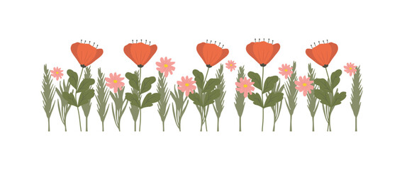 Fototapeta premium Colorful vintage spring flowers border, nature floral pattern frame isolated on white background, botanical flat design vector illustration