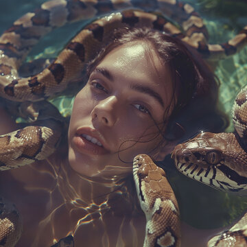 Mujer joven en piscina con serpientes, belleza