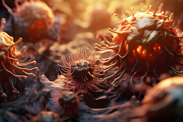 3D rendering of microscopic human cells and cancer cells on Science Day background, science fiction