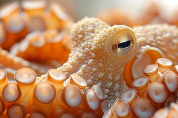 Close up of an octopus in vibrant orange, focusing on its piercing eye and suction cup-covered tentacles