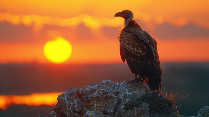 The haunting silhouette of a lone vulture perched atop a rocky outcrop, its keen eyes scanning the desert for signs of life. - obrazy, fototapety, plakaty