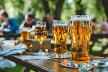 Friends enjoying beer at a summer park party. Concept Summer Parties, Friends Gathering, Beer Tasting, Outdoor Celebrations, Park Hangouts