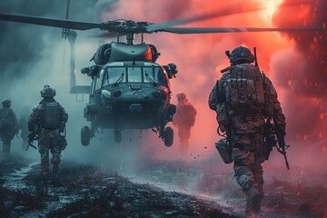 The photograph showcases troops moving forward beneath the support of a hovering helicopter, enveloped in a smoky battlefield - obrazy, fototapety, plakaty