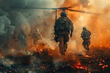 Fototapeta premium A powerful depiction of a military unit in action, with a helicopter above and flames surrounding them on the ground