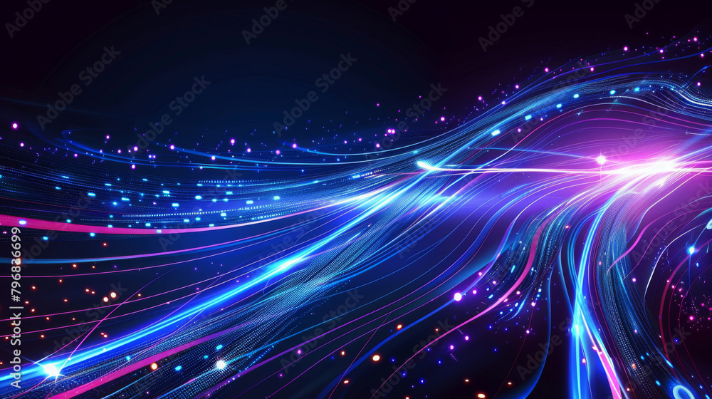 Poster Dynamic wave pattern of vibrant neon lines and particles on a dark backdrop