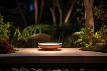 Platform on table in night garden in plants and grass. Empty wooden product podium in green field, in soft glow of sunset, surrounded by trees for outdoor natural backdrop