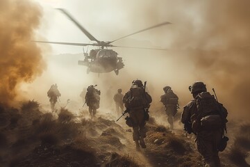 Soldiers in full gear approach a dust-filled horizon, helicopter flying low in support during an operation