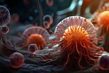 3D rendering of microscopic human cells and cancer cells on Science Day background, science fiction