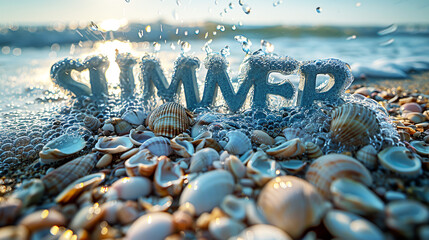 An artistic still life with a seashore and the word "summer",Generated by AI