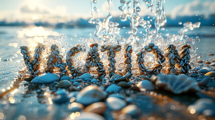  An artistic still life with a seashore, waves and the word "vacation",Generated by AI