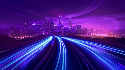 Fototapeta na wymiar Nighttime city skyline illustration with vibrant neon traffic streaks