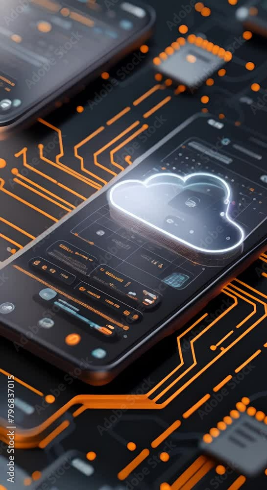Poster a circuit board with a cloud icon on a smartphone screen.