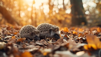 A Family of Hedgehogs Foraging Amidst Fallen Autumn Leaves: A Cozy Glimpse into Wildlife Adaptation...