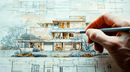  The architect draws the layout of a modern house,Generated by AI