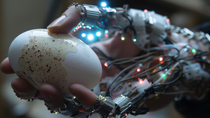  The biorobot holds a mock-up of an Easter egg in its hand,Generated by AI