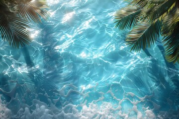 Fototapeta na wymiar Sunlight dances through the ripples of a serene turquoise sea, edged by lush palm fronds casting gentle shadows