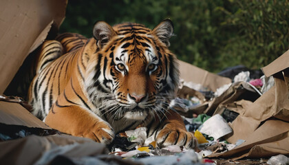 a tiger in a polluted habitat. Tiger Day. environmental pollution